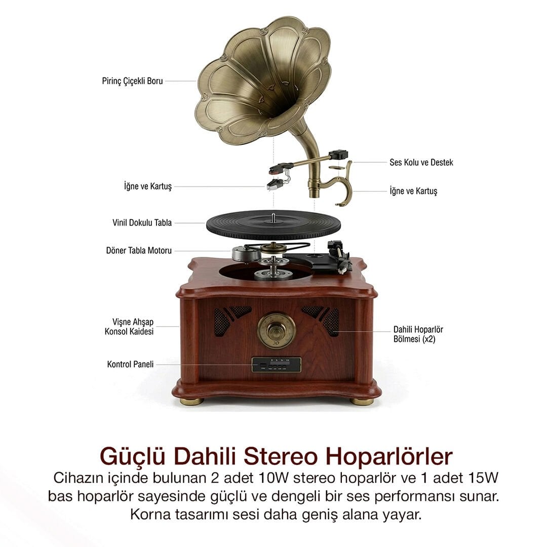 Retro Ahşap Gramofon Pikap | Bluetooth, USB ve Stereo Hoparlör