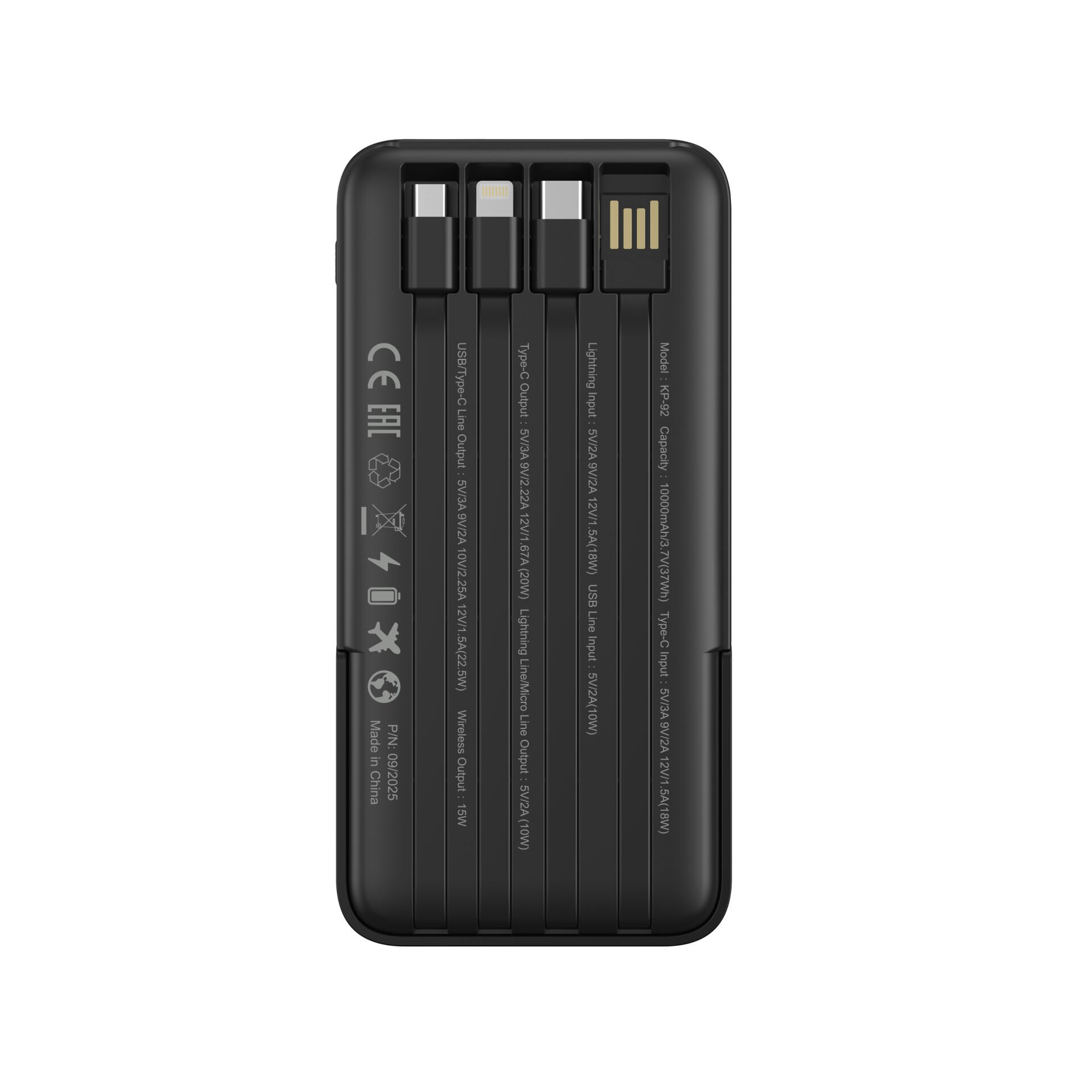 10.000 mAh Dahili Kablolu Wireless Hızlı Şarj Powerbank Siyah görsel 3