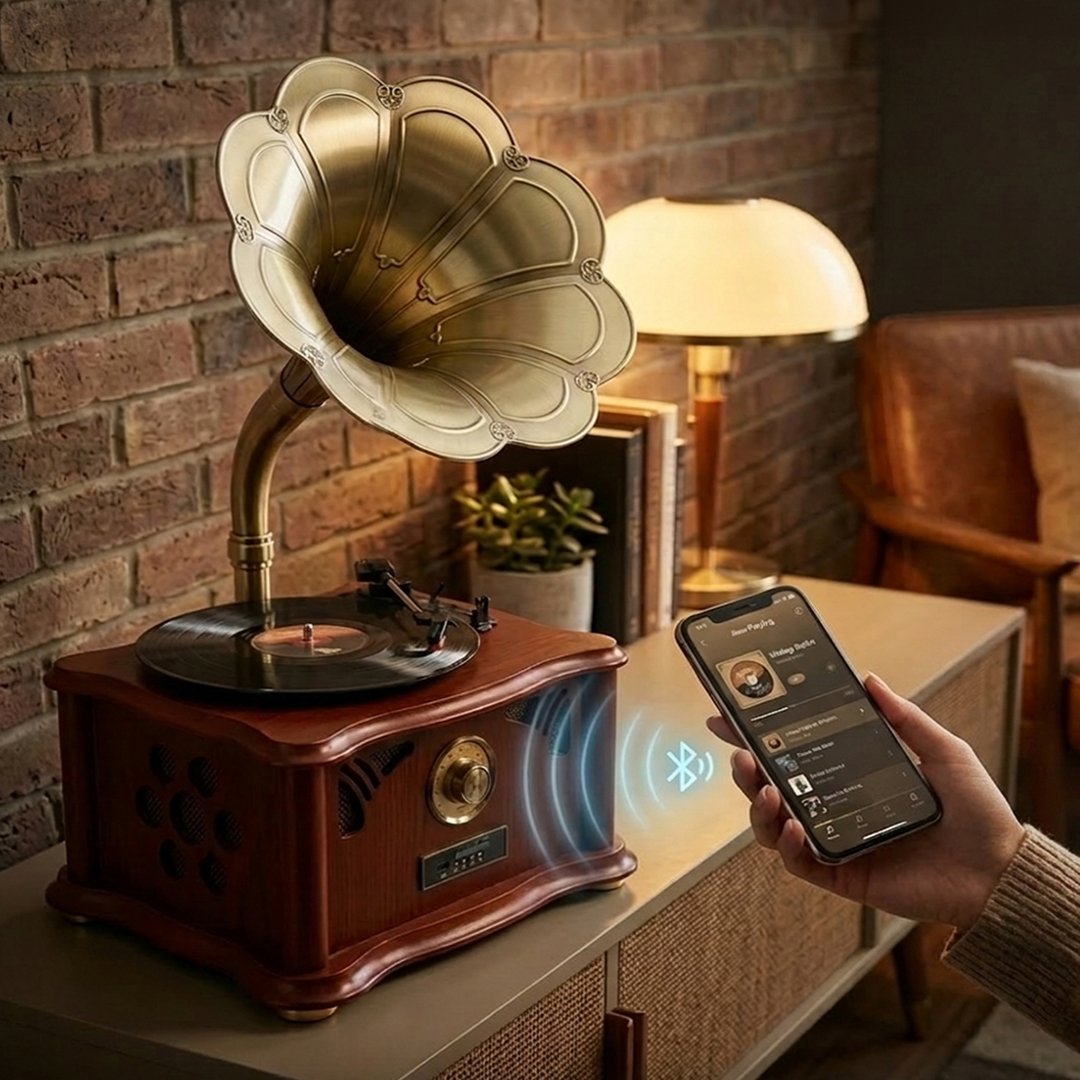 Retro Ahşap Gramofon Pikap | Bluetooth, USB ve Stereo Hoparlör görsel 5