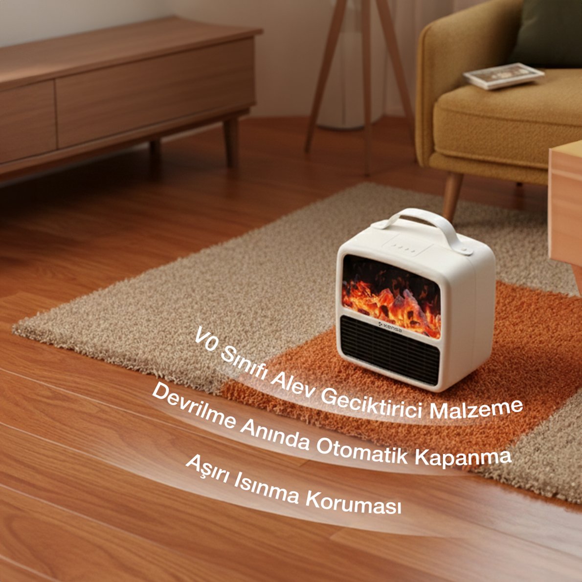 2000W 3D Alev Efektli Mini Elektrikli Isıtıcı Beyaz görsel 5
