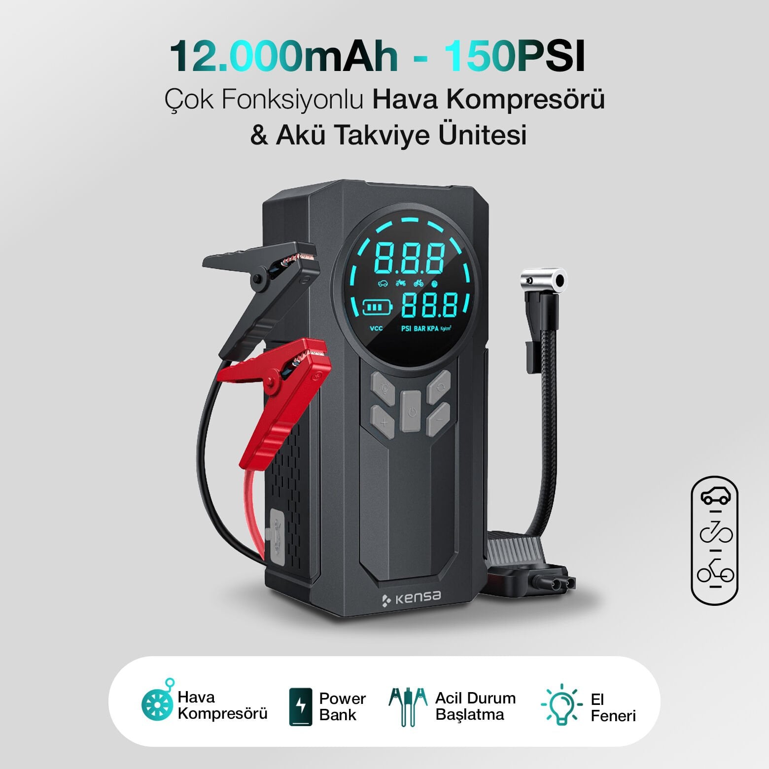 Akü Takviye Cihazı ve Akıllı Hava Pompası 150 PSI - 12.000mAh görsel 2
