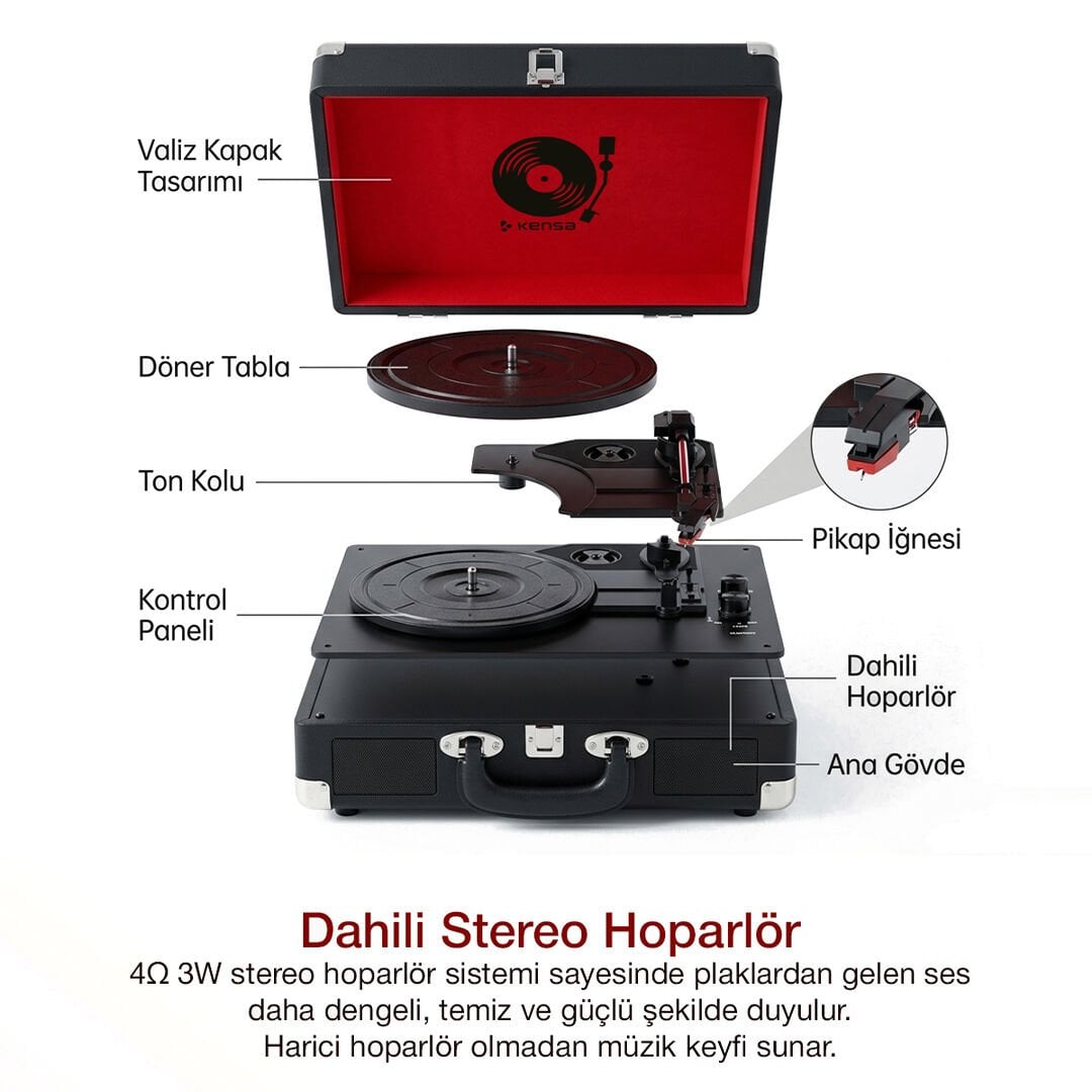 Valiz Tasarımlı Pikap | Dahili Stereo Hoparlörlü Retro Müzik Sistemi